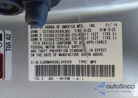 2014 Honda Cr-V Ex z USA, uszkodzony, nr VIN 5J6RM4H58EL049059